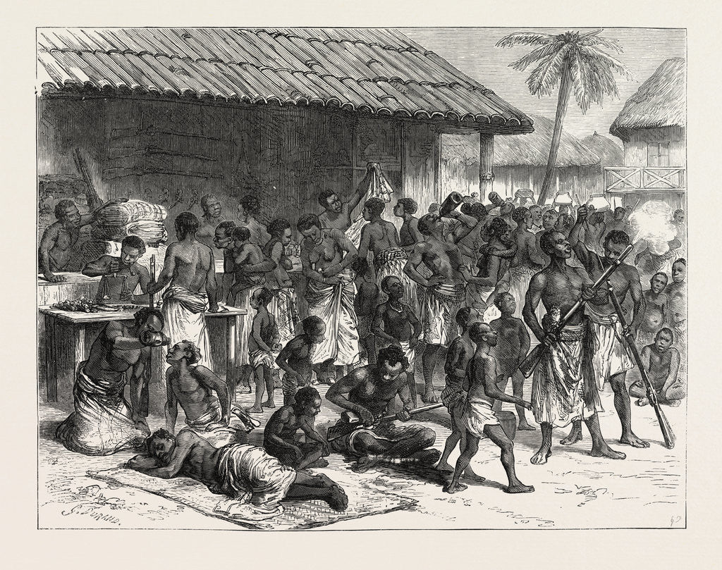 Detail of The Ashanti War: Ashantees Buying Muskets with Gold Dust at Assinee, Ghana by Anonymous