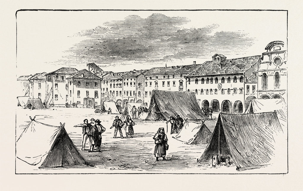 Detail of The Earthquake in Italy: Belluno, the Piazza Campitelli: The Inhabitants Taking Refuge in Tents by Anonymous