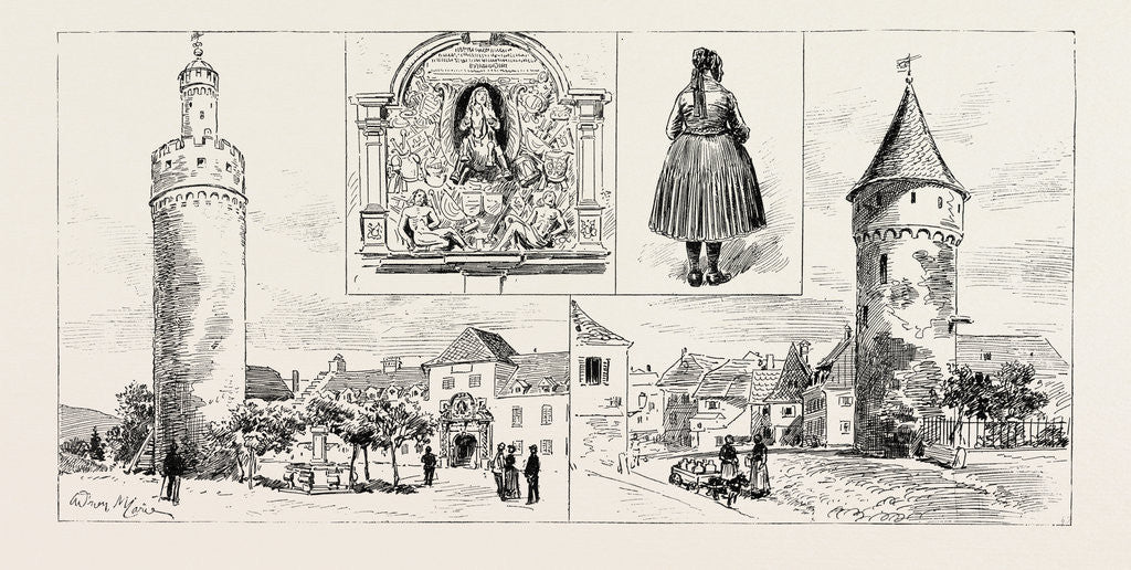 Detail of Bad Homburg Vor Der Hohe, Germany: The Castle, the Old Fortifications, the Carving Over the Gateway, a Lady Wearing a Traditional Dress by Anonymous