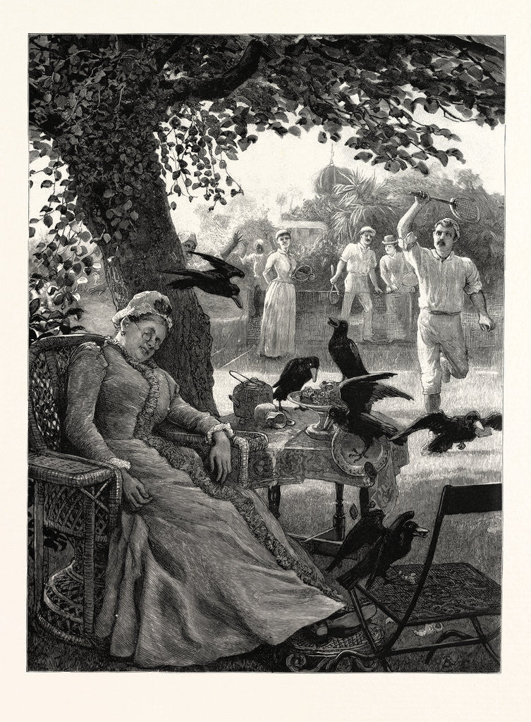 Detail of Unwelcome Visitors: Crows at a Tennis Party in India by Anonymous