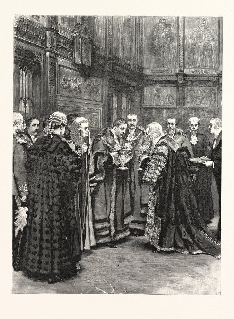 Detail of The Lord Chancellor Expressing Her Majesty's Approval of the Election of Mr. Alderman Evans As Lord Mayor Presenting the Loving Cup in the Princes' Chamber of the House of Lords by Anonymous