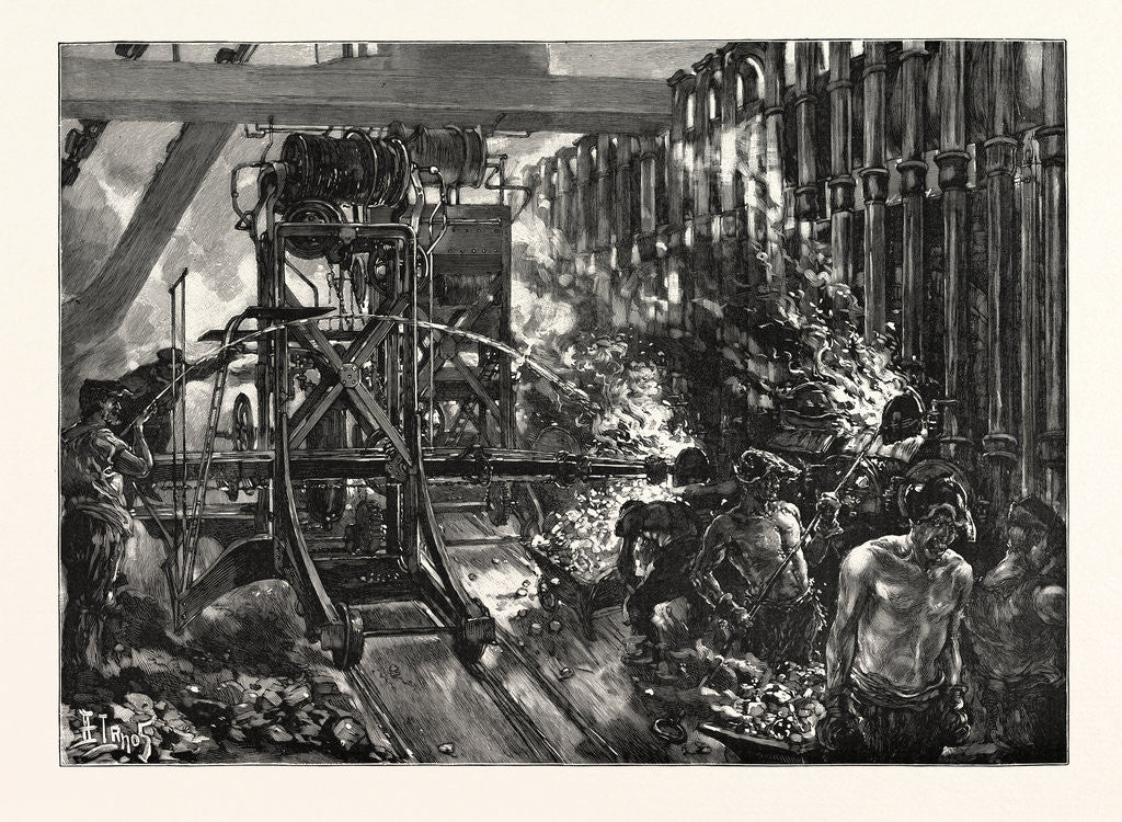Detail of The London Gas Supply: Interior of the Retort House, Showing the Drawing and Charging Machines by Anonymous
