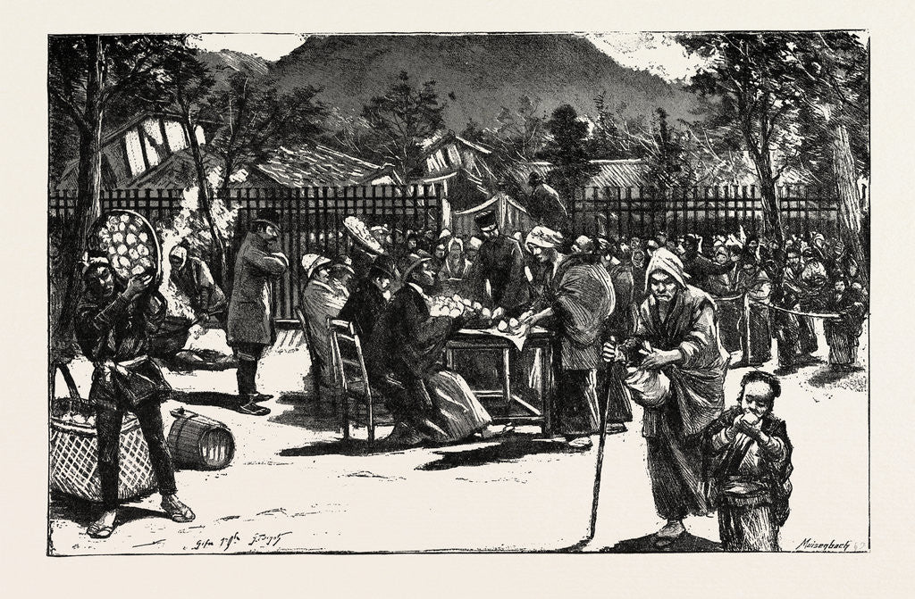 Detail of The Great Earthquake in Japan, Views at the Scenes of the Disaster: Distributing Provisions to the Surviving Sufferers at Gifu by Anonymous