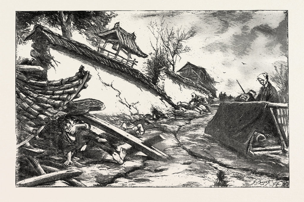 Detail of The Great Earthquake in Japan, Views at the Scenes of the Disaster: Mother and Child, Killed by the Fall of a Gateway of the Outside Wall of a Temple Near the Railway Station, Gifu by Anonymous