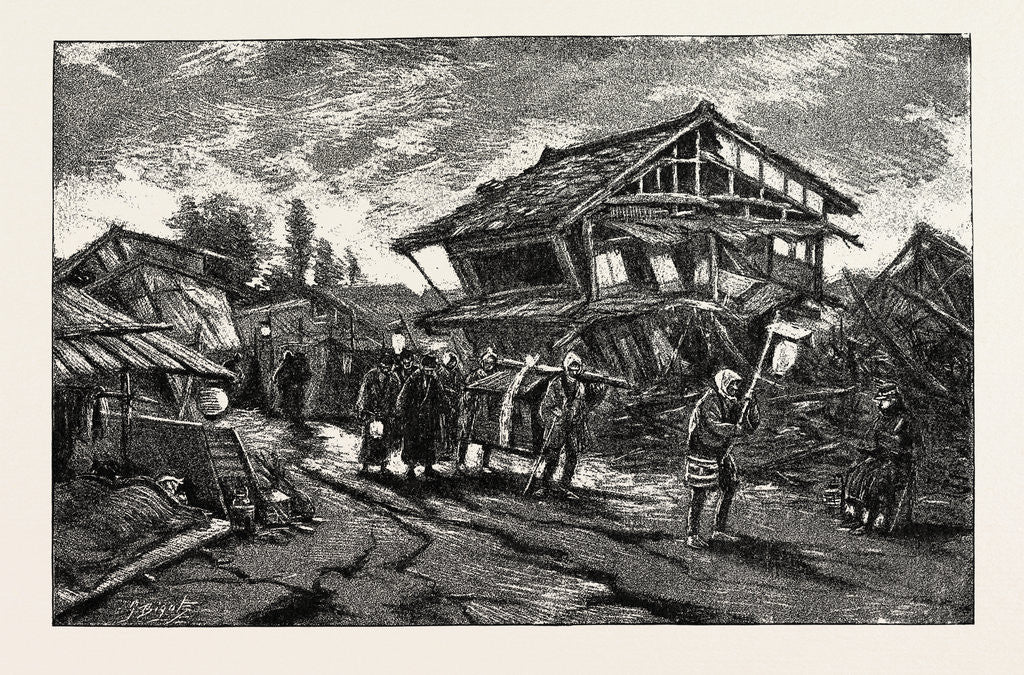 Detail of The Great Earthquake in Japan Views at the Scenes of the Disaster: Street of Kanda-Machi at Gifu the Funeral of One of the Victims at Daybreak by Anonymous