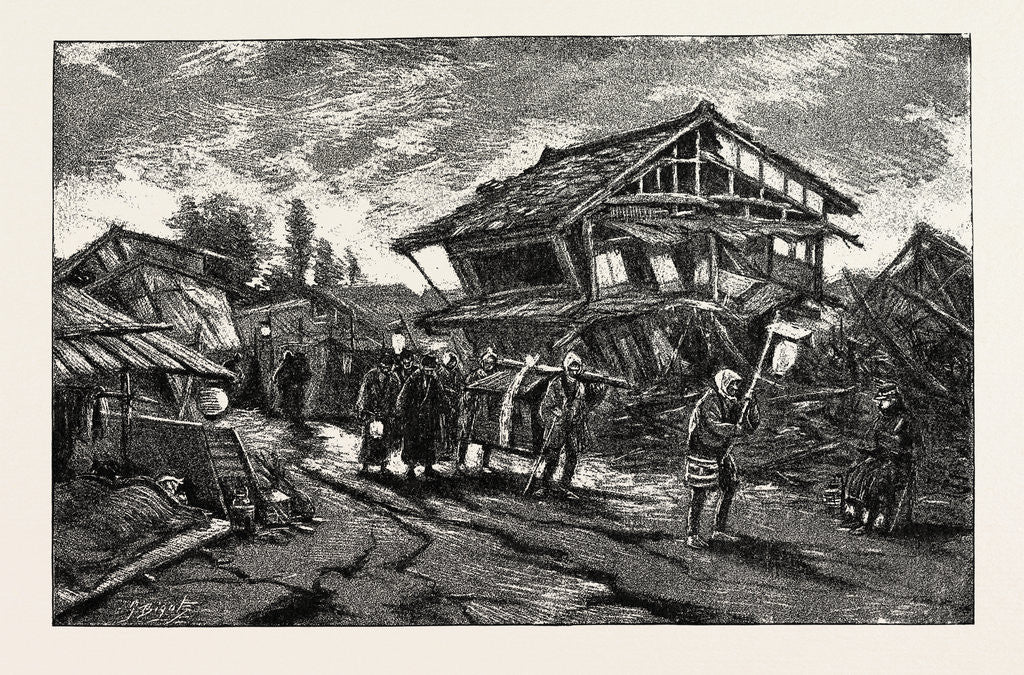 Detail of The Great Earthquake in Japan, Views at the Scenes of the Disaster: Street of Kanda-Machi at Gifu, the Funeral of One of the Victims at Daybreak by Anonymous