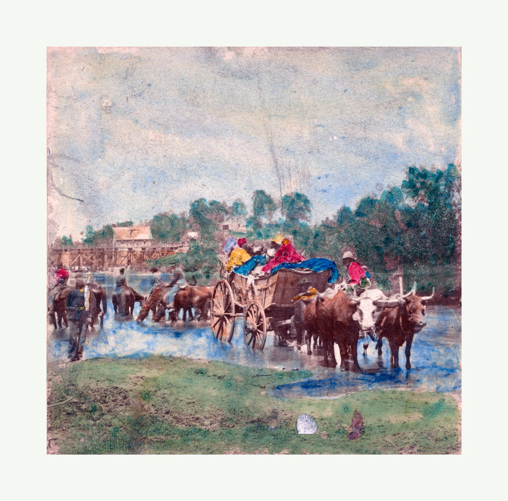 Detail of American Civil War: Fugitive Negroes Fording Rappahannock, a Group of Union Soldiers Crossing the Rappahannock River on Horses Alongside a Wagon Carrying Slaves by Anonymous