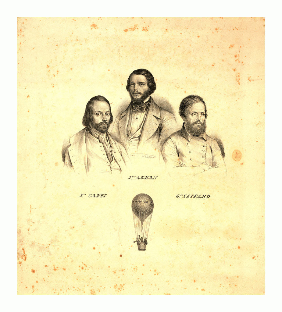 Detail of Portraits of Three Balloonists Ippolito Caffi, Francesco Arban, and G. Seiffard, with a Small View of Them in an Ascending Balloon, Rome, 1847, Italy by Anonymous