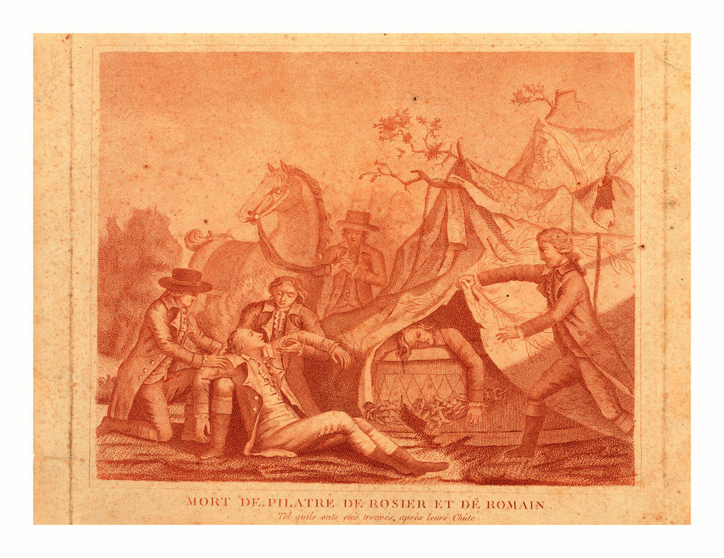 Detail of Print Shows the Death of Balloonists Jean-François Pilatre De Rozier and Jules Romain When Their Royal Balloon Crashed Near Boulogne, France, June 15, 1785, in What is Considered the First Aerial Disaster. by Anonymous