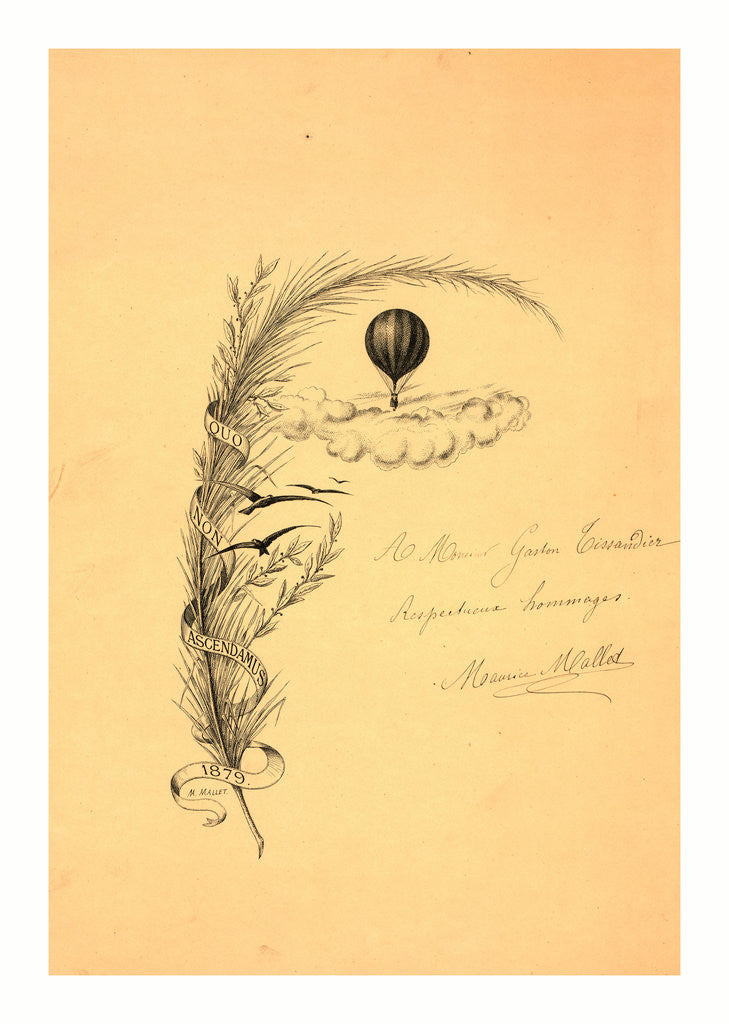 Detail of Stationery Illustrated with a Stalk of Wheat Wrapped in a Banner Marked Quo Non Ascendamus 1879 and a Balloon Flying above Clouds and Birds, 1879 by Anonymous