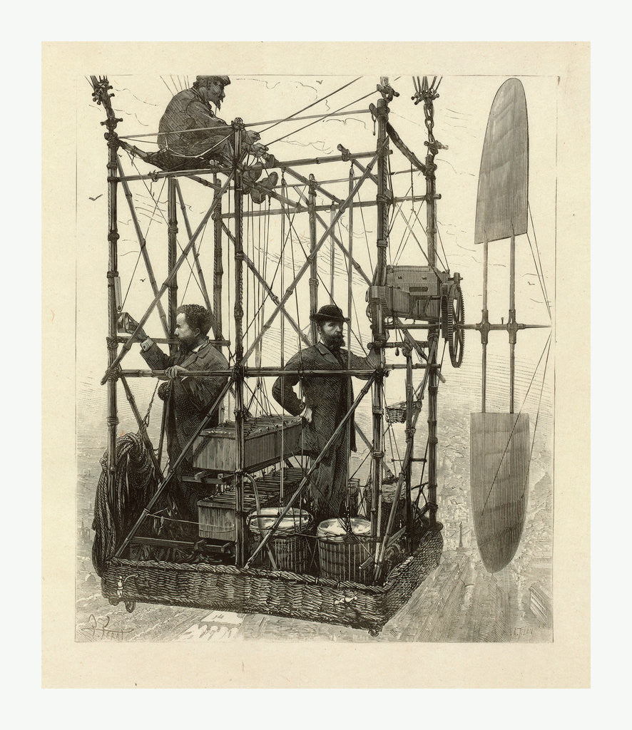 Detail of Albert Tissandier, Gaston Tissandier, and an Unidentified Man in the Basket of Their Airship Demonstrating an Electric Navigational System Featuring a Propeller by P. Ferat by Anonymous