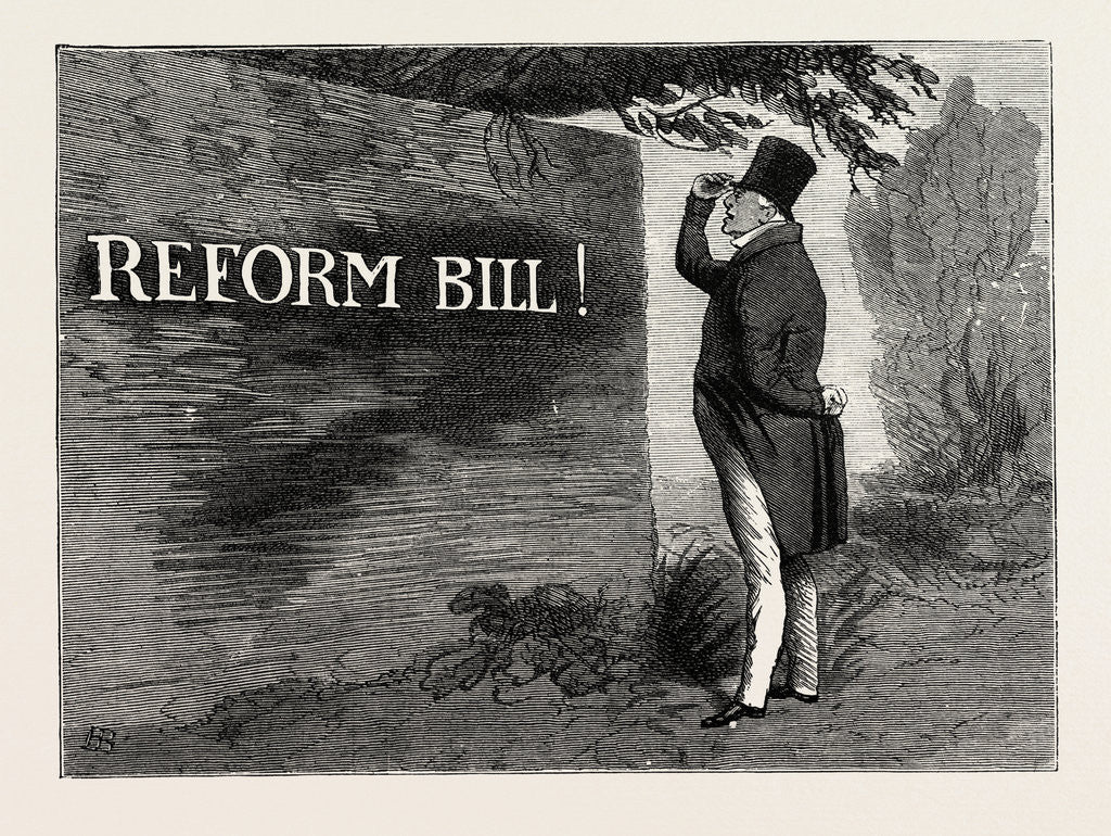Detail of Parliamentary Elections and Electioneering in the Old Days: J. Doyle: the Handwriting on the Wall, May 26, 1831 King (William IV.) Loq.—Reform Bill? Can that Mean Me? by Anonymous
