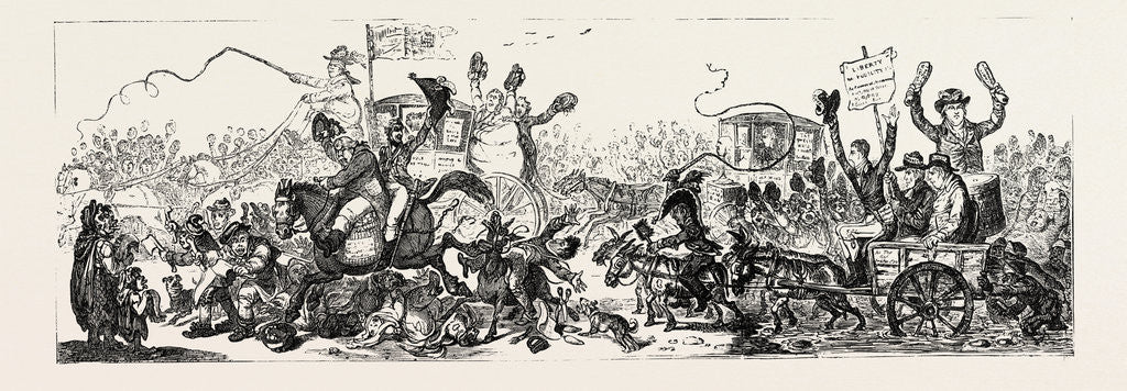Detail of J. Gillray: Posting to the Election, a Scene on the Road to Brentford, November 1806. Candidates: Mellish, Byng, and Burdett by Anonymous