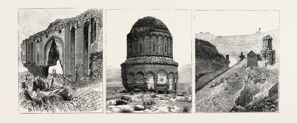 Detail of Ruins at Ani, Armenia: The Great Gate of the Palace of the Bahlavouni Princes; St. Saviour's Church of Aboulgharib (Centre); Southern Side of the City on the Akhourian River by Anonymous