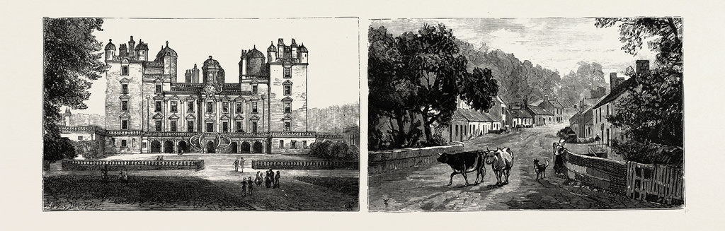 Detail of Drumlanrig Castle, North Front; the Village of Carronbridge, Near Drumlanring Castle, Nithsdale, Scotland by Anonymous