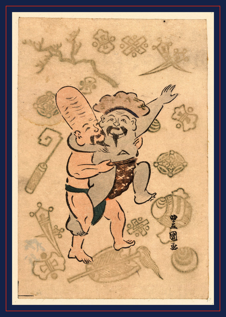 Detail of Daikoku to fukurokuju no sumo, Sumo match between Daikoku and Fukurokuju by Utagawa Toyokuni