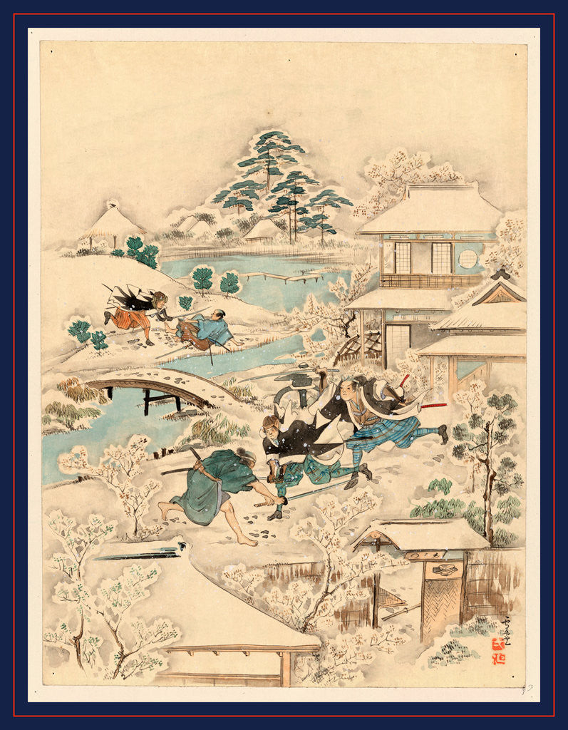 Detail of Scene During the Attack on Kira Yoshinaka's Home by the 47 Ronin, with the Samurai Searching the Grounds for Kira. by Anonymous