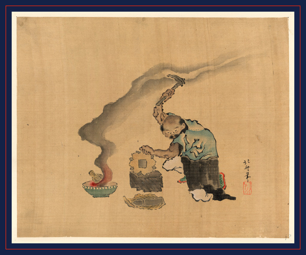 Detail of A man engaged in metalwork, appears to be melting statues to reuse the metal, with a kitten next to his left leg by Anonymous