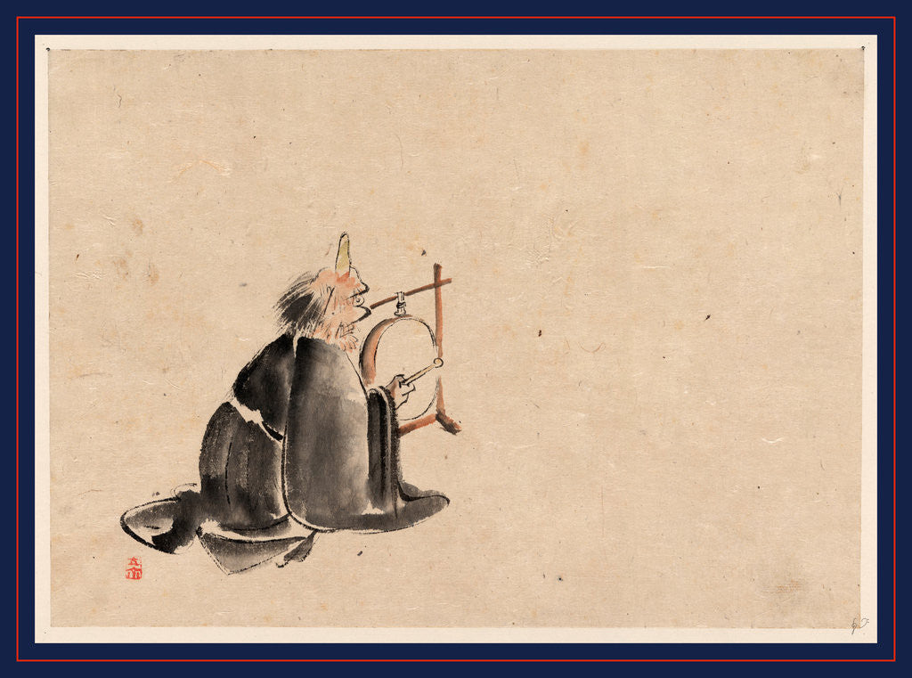 Detail of A Monk Wearing a Mask(?) with a Horn, Sitting on the Ground Beating a Drum (Tsuri-Daiko) by Anonymous