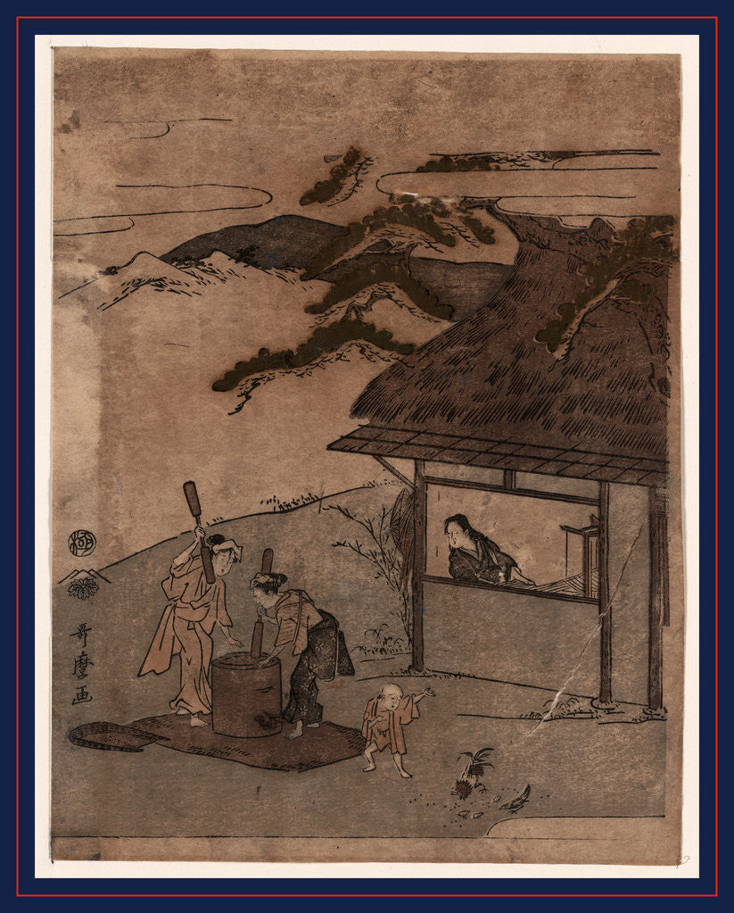 Detail of Two Women Pounding Grain Outside a Building, a Child Feeding Chickens, and a Woman Sitting at a Loom While Looking Out a Window at the Two Women by Anonymous