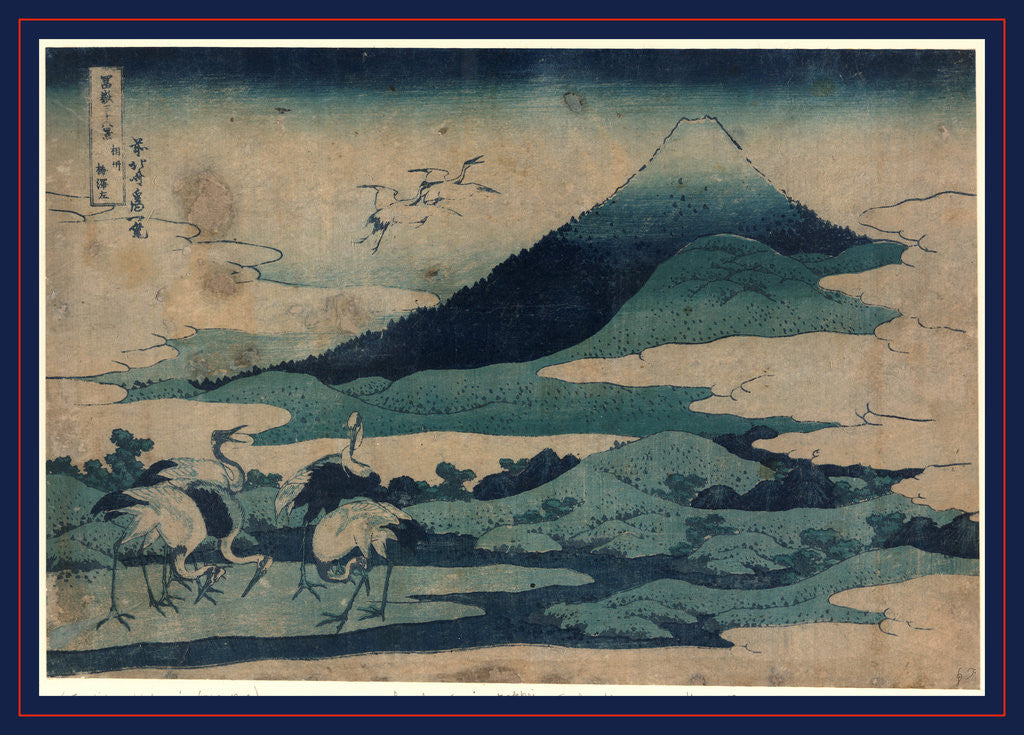 Detail of Cranes on the Ground and in Flight with Mount Fuji in the Background by Anonymous
