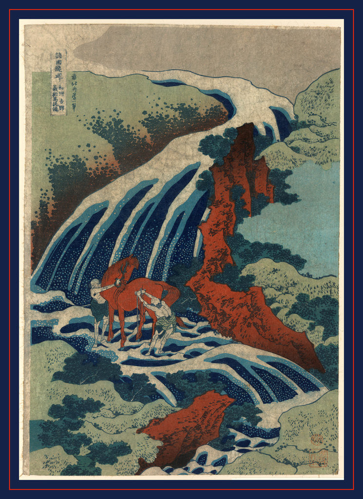 Detail of Two Men Standing in a Stream Washing a Horse Next to a Waterfall by Anonymous