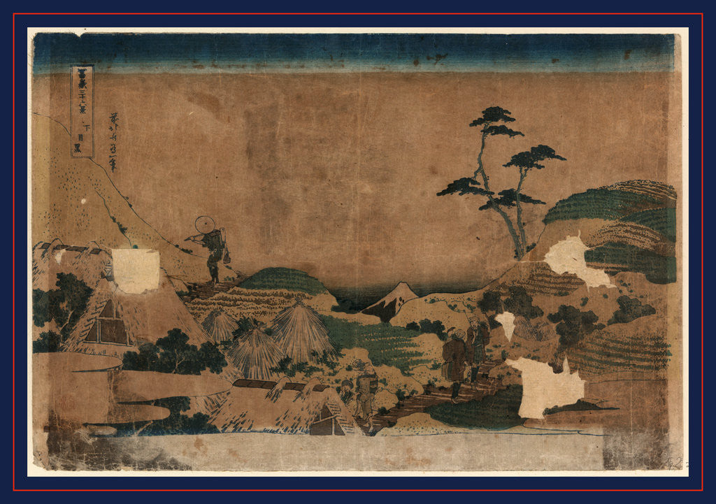 Detail of Rooftops, Pilgrims on Roadway, and Mount Fuji in the Distance by Anonymous