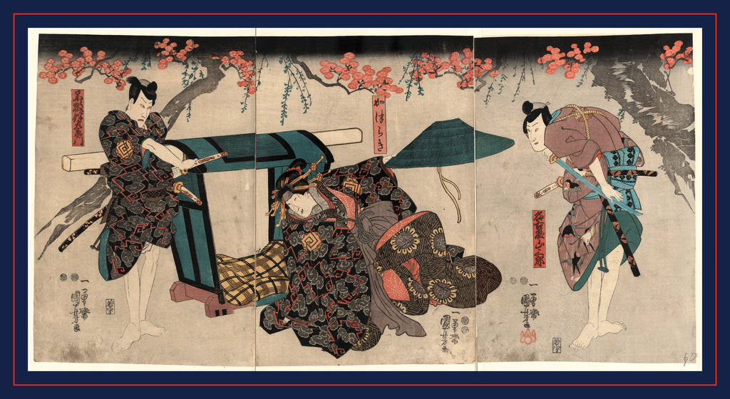 Detail of Nagoya sanzaburo fuwa banzaemon katsuragi, Three actors in the roles of Nagoya Sanzaburo, Katsuragi, and Fuwa Banzaemon by Utagawa Kuniyoshi