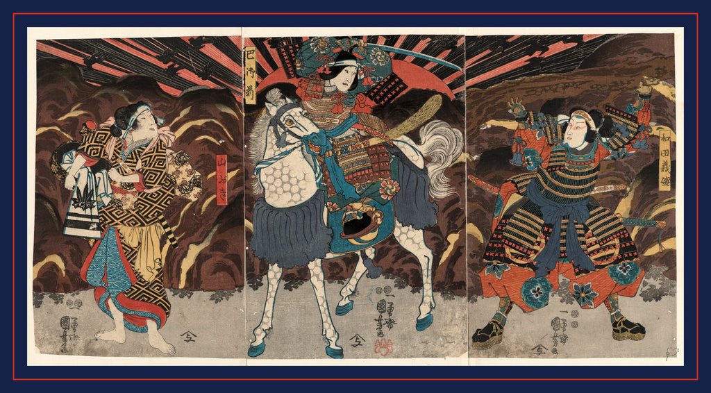 Detail of Wada yoshimori tomoe gozen yamabuki, Three actors in the roles of Wadai Yoshimori, Tomoe Gozen, and Yamabuki by Utagawa Kuniyoshi