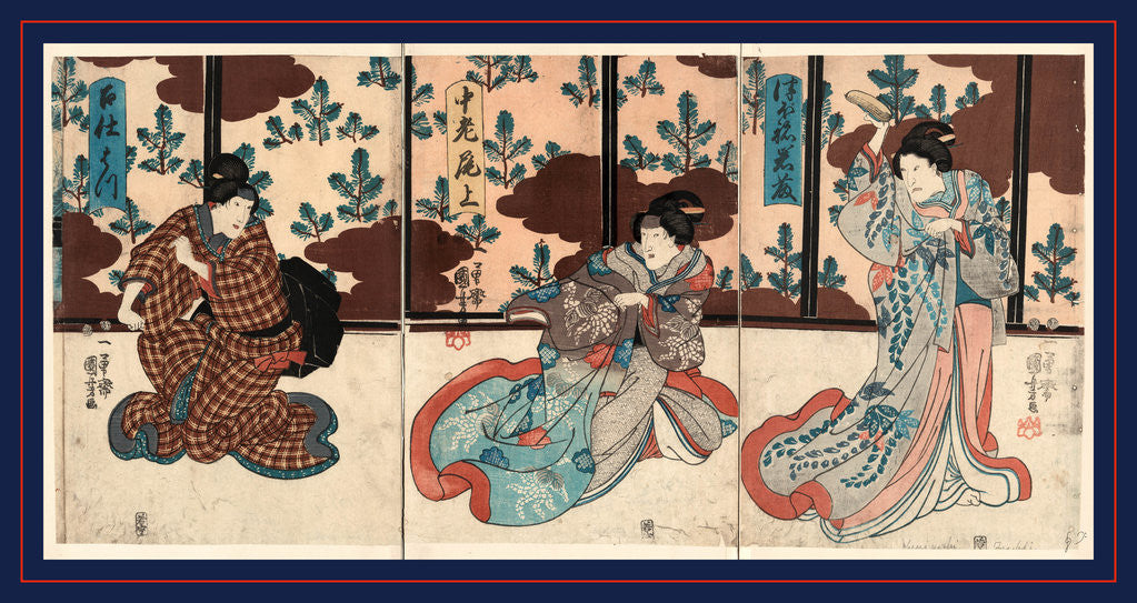 Detail of Tsubone Iwafuji Churo Onoe Meshitukai Hatsu, Three Actors in the Roles of Tsubo No Iwafuji Kuniyoshi by Anonymous