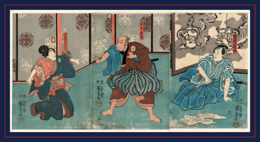 Detail of Tanizawa tanomo wakato kihei iwafuji meshitsukai chiyo, Three actors in the roles of Tanizawa Tanomo, Wakato Kihei, and Iwafuji Mitsukai Chiyo by Utagawa Kuniyoshi