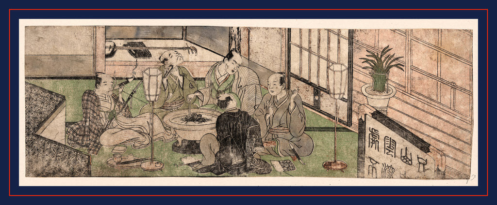 Detail of Hibachi o kakomu gonin no otoko, Five men relaxing around a hibachi by Katsukawa Shunsho