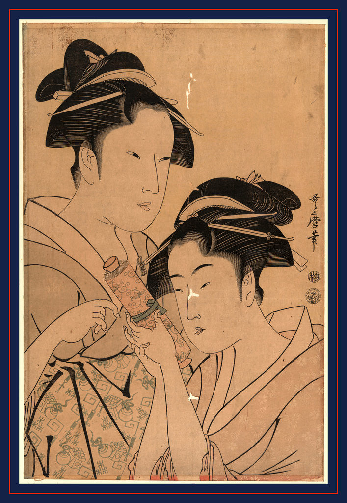 Detail of Head-and-Shoulders Portraits of Two Beautiful Women, Osen Waitress at the Kagiya Teahouse, and Ohisa from the Takashima Teahouse by Anonymous
