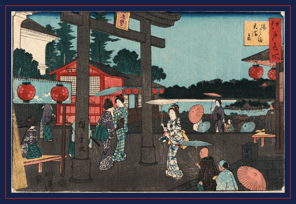 Detail of People, Mostly Women, Children, and Elderly Persons, Near the Torii at the Entrance to the Tenman Shrine in Yushima by Anonymous