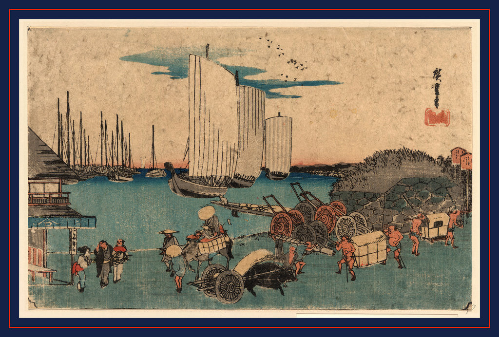 Detail of Sailing Ships in the Harbor, Men Moving Goods by Hand and with Carts in the Port Area, and a Small Building, Possibly the Customs House by Anonymous