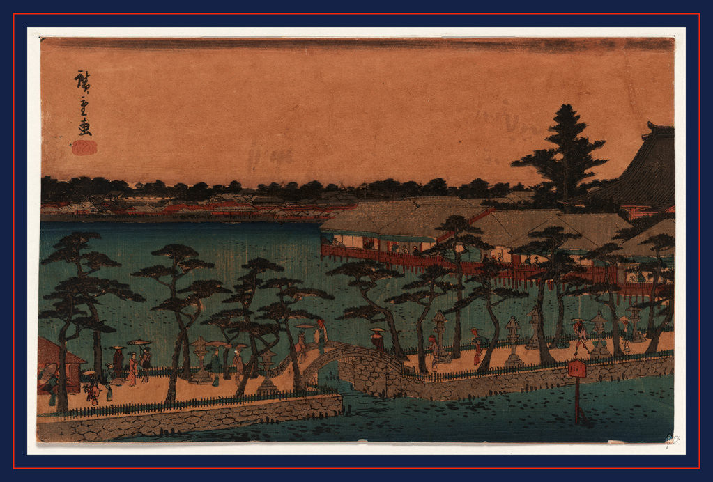 Detail of Pedestrians on a Tree-Lined Promenade that Bisects the Shinobazu Pond, with Buidings on Stilts Along the Shoreline by Anonymous