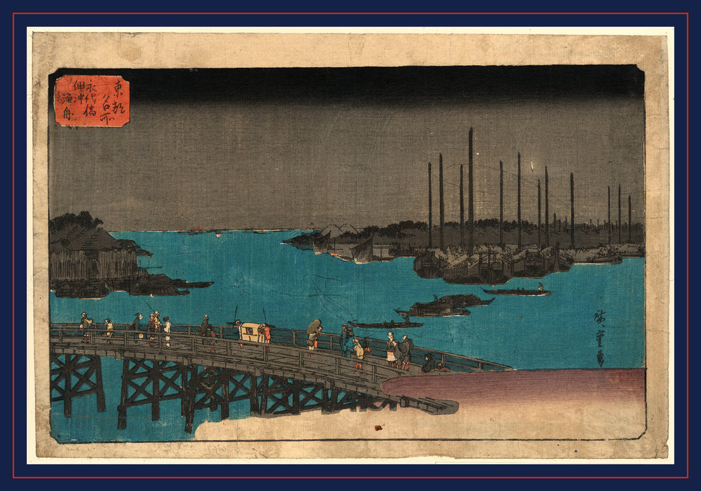 Detail of Pedestrians with Palanquin Crossing Bridge with Large Boats Moored in the Background by Anonymous