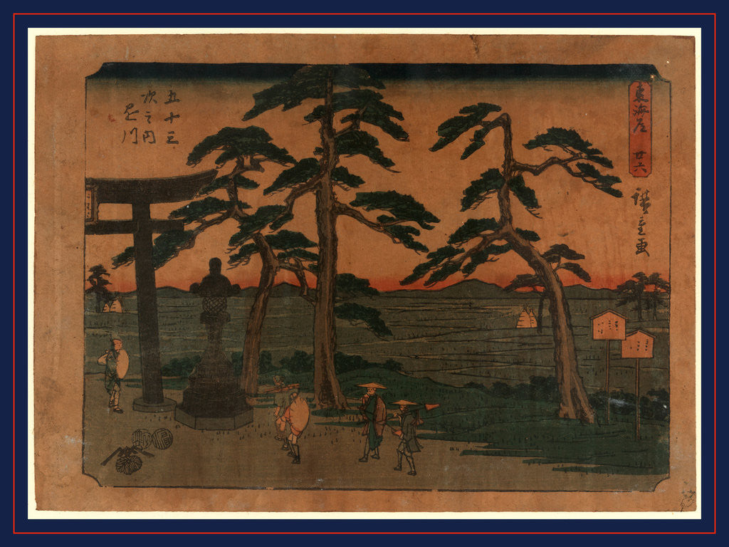 Detail of Travelers Pausing at Statue Next to a Torii at the Kakegawa Station on the Tokaido Road by Anonymous