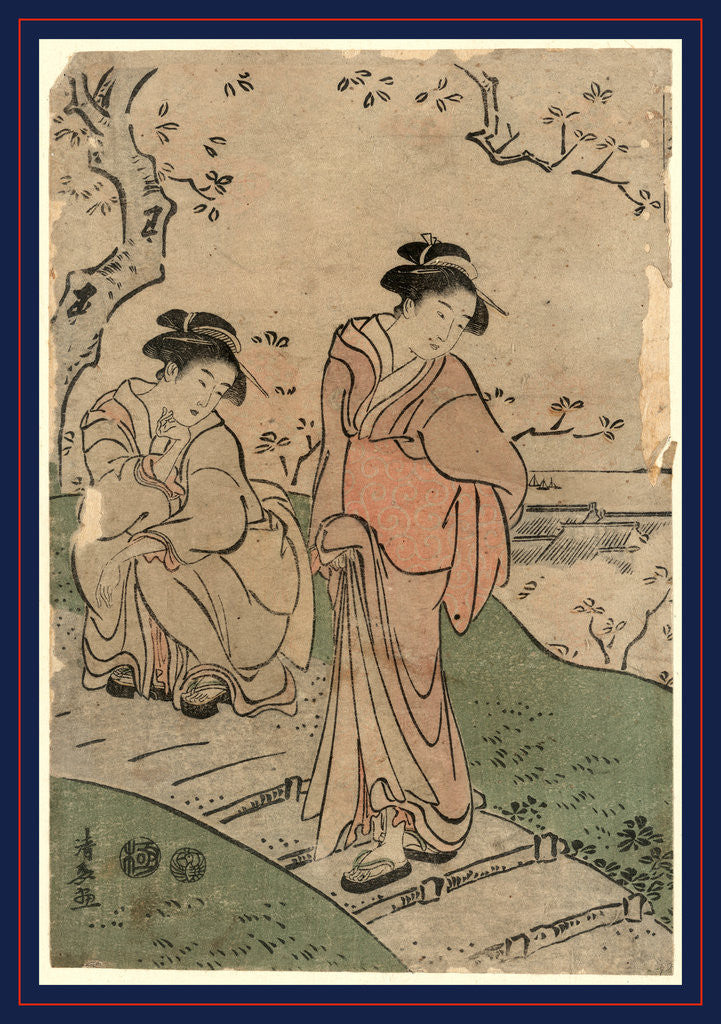 Detail of Two Women Viewing Cherry Blossoms from a Footpath above a Village by Anonymous