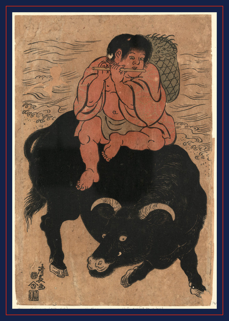 Detail of Kintaro, a Young Boy with Legendary Strength, Transformed As Sanro, Playing a Flute While Sitting on the Back of a Bull by Anonymous