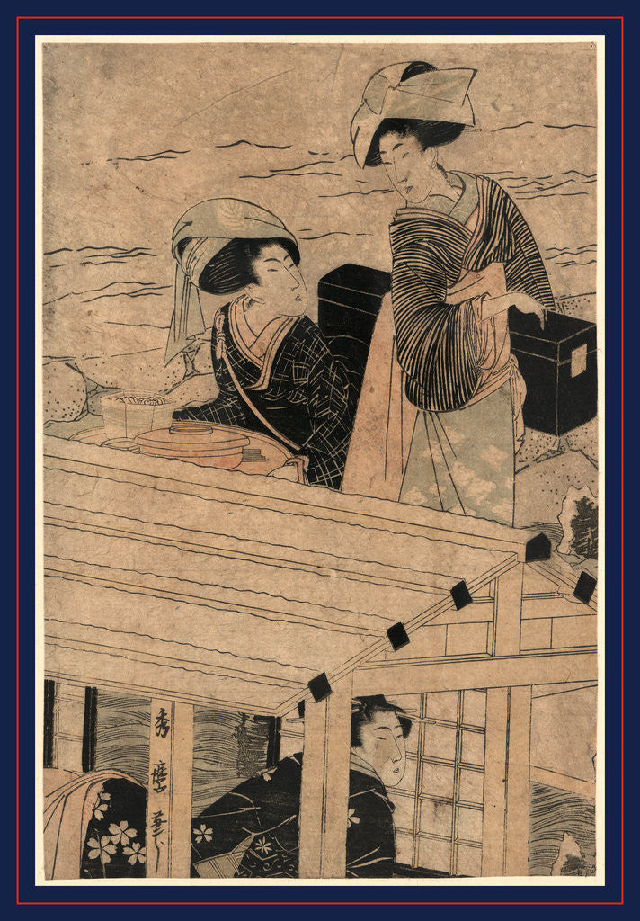 Detail of Fuyu no yanebune, Enjoying a river cruise in winter by Kitagawa Hidemaro