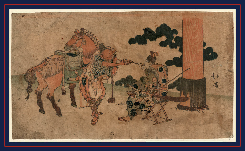 Detail of Tabako o suu shinji no futari, Two people having a smoke at a shrine festival by Totoya Hokkei