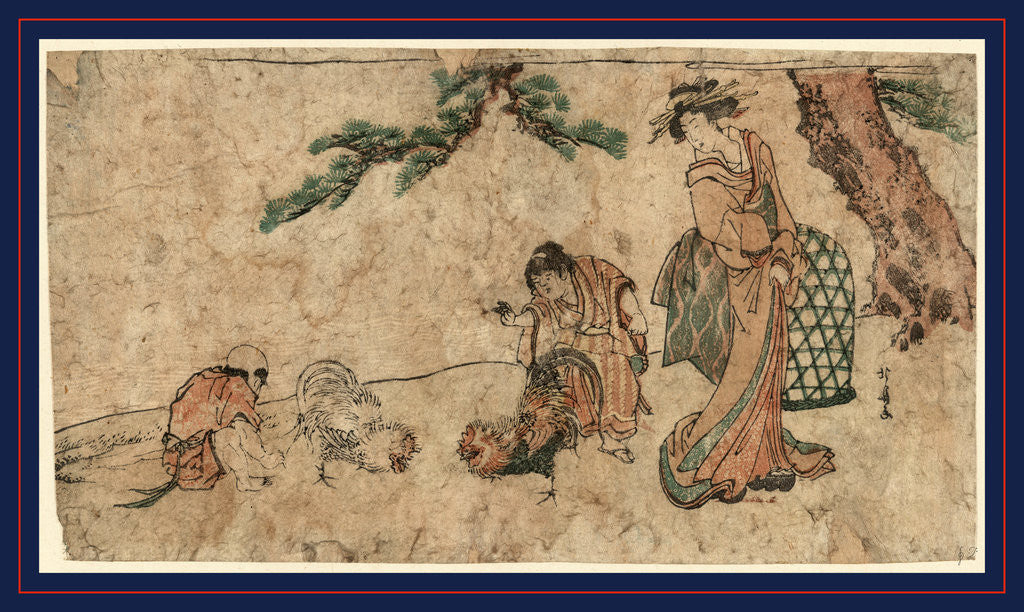 Detail of Matsu no sita no tokei, Cockfight under a pine tree by Teisai Hokuba