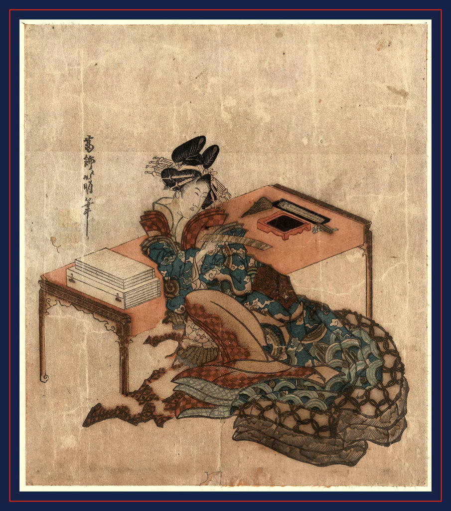 Detail of Courtesan Seated with Her Back against a Writing Desk, Holding a Slip of Paper (Tanzaku) with a Poem Written on It. by Anonymous