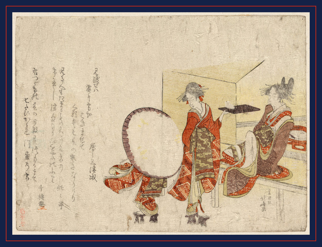 Detail of Person Walking to the Left, Mostly Hidden by a Snow-Covered Umbrella, a Woman Walking to the Right, Holding a Snow Bunny on a Tray, and a Woman Sitting on a Bench at a Tearoom. by Anonymous