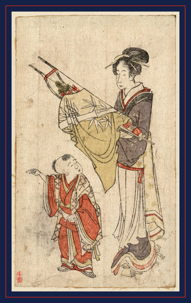 Detail of Woman Holding Bow and Arrows Draped in a Cloth, Standing Before a Young Boy. by Anonymous