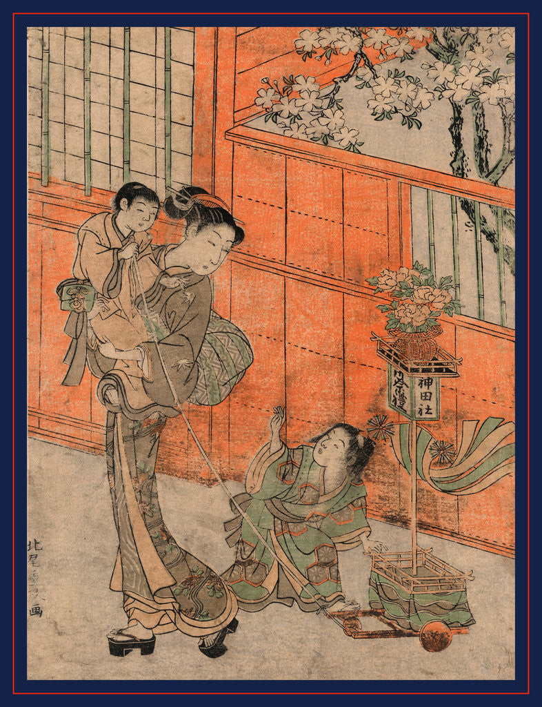 Detail of Woman Holding a Child Who Pulls a String Attached to a Toy Float, and Another Child Standing Next to the Float. by Anonymous