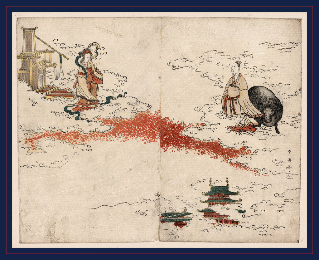 Detail of Woman, Orihime, the Weaver Princess, Standing Next to a Loom and a Man, Kengyuu, the Cow-Herder, Standing Next to an Ox, Both on Clouds Separated by a Gap, with the Top of a Building Visible Through the Clouds by Anonymous