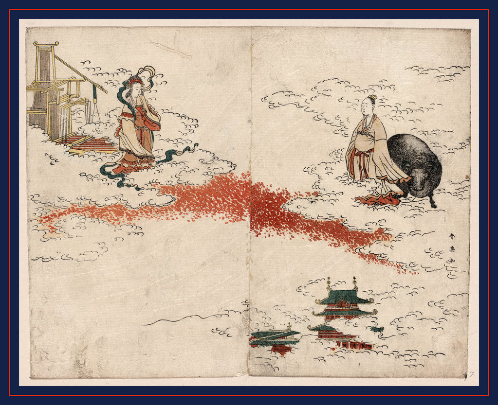 Detail of Kengyu shokujo, Weaver maiden and the ox herder by Katsukawa Shunsen