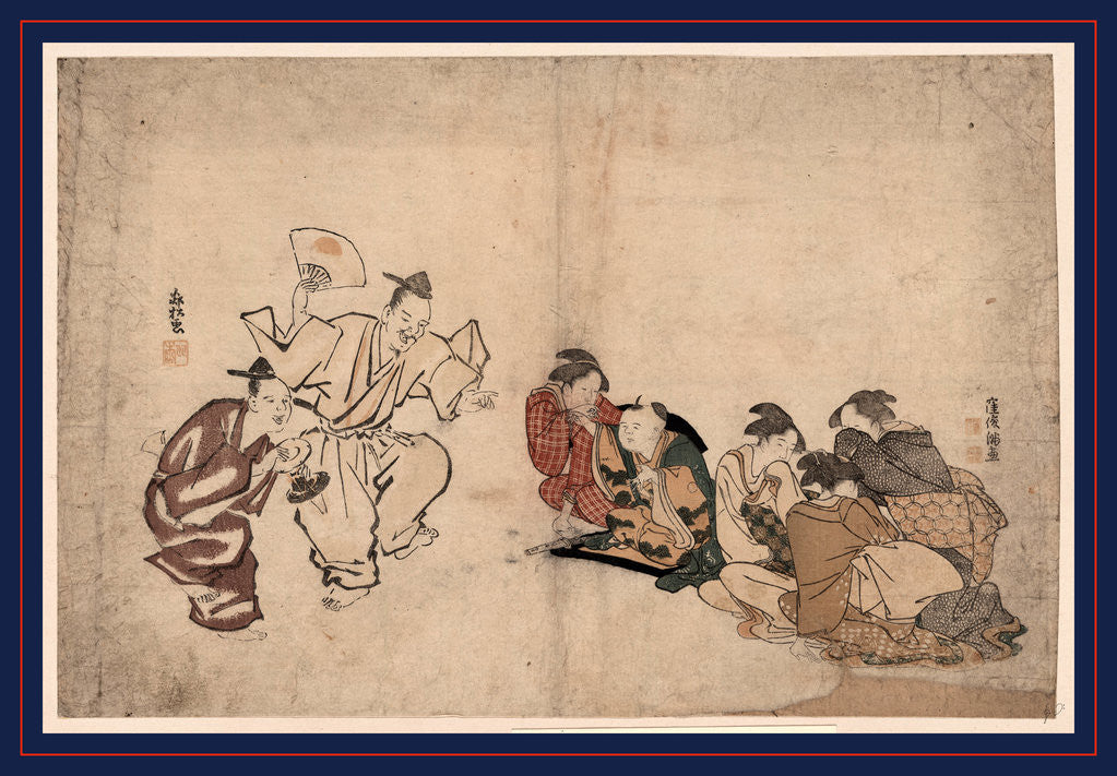 Detail of Four Women and a Child Watching Two Men Dancing with a Fan and a Drum by Anonymous